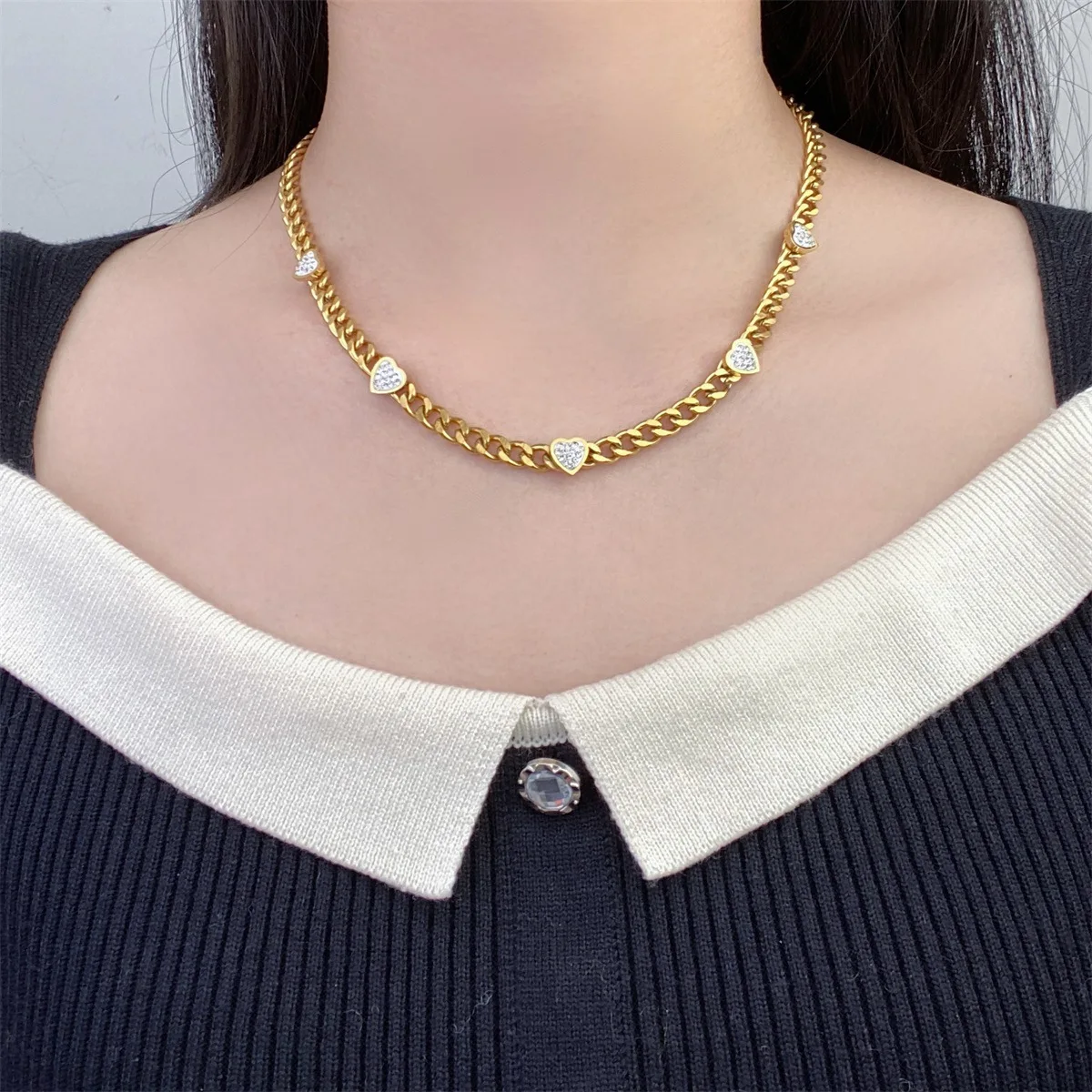 316L Stainless Steel New Fashion Upscale Jewelry Zircon Soldering Heart Charms Chain Choker Necklaces Pendant Bracelet For Women