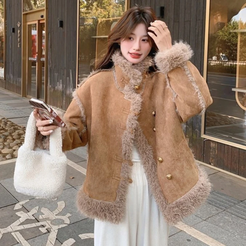 

2025 Fall Winter Artificial Fur Patchwork Warm Thick Khaki Wine Red Suede Coat , Korean Fashion Loose Coats for Woman Clothing