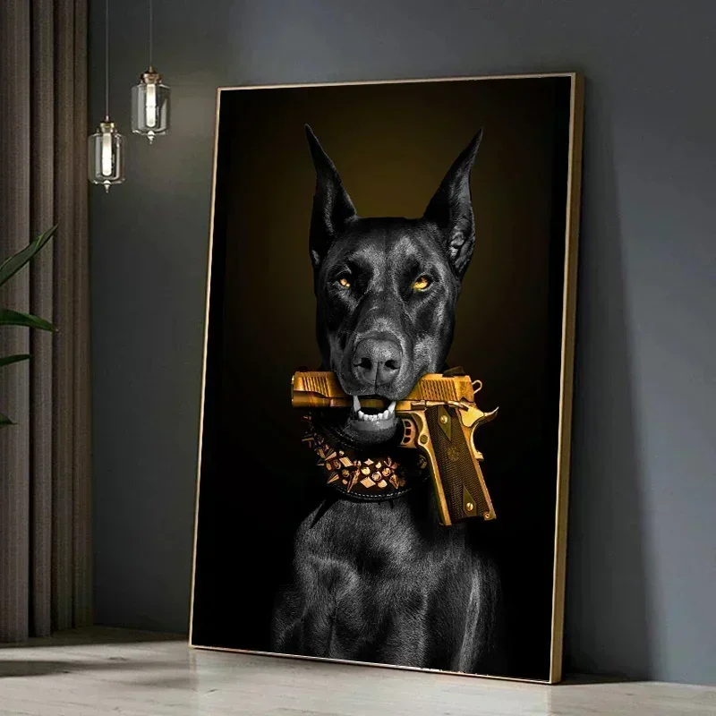 Modern Fashion Black Doberman Dog with Golden Pistol Poster Canvas Painting Luxury Animal Wall Art Picture for Living Room Decor