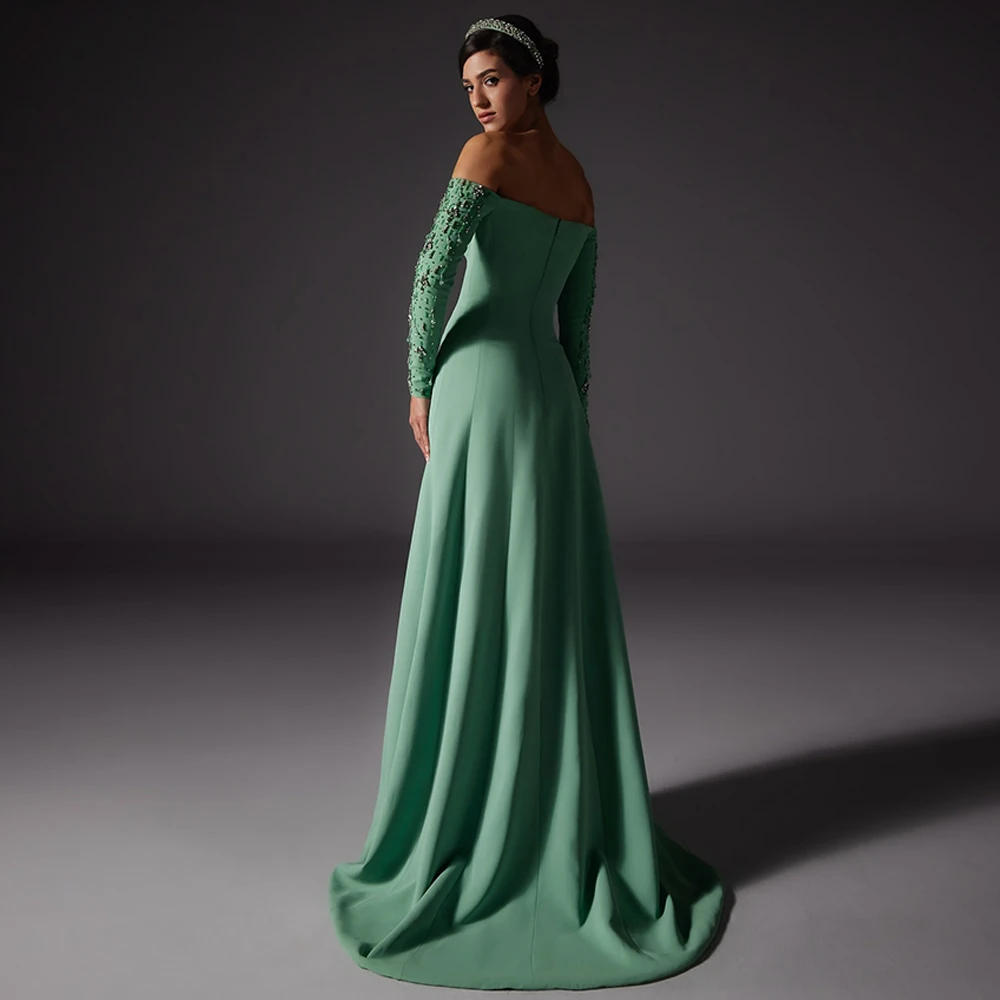 Green Jersey A-Line Evening Dress Long Sleeves Off the Shoulder Party Gowns Zipper Back Customized Beading Crystal Prom Dresses