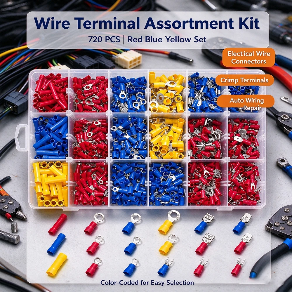 1200PCS Electrical Connector Kit- Automotive Insulated CrimpTerminals Connectors for Wiring Mixed Ring Fork Spade Butt Connector