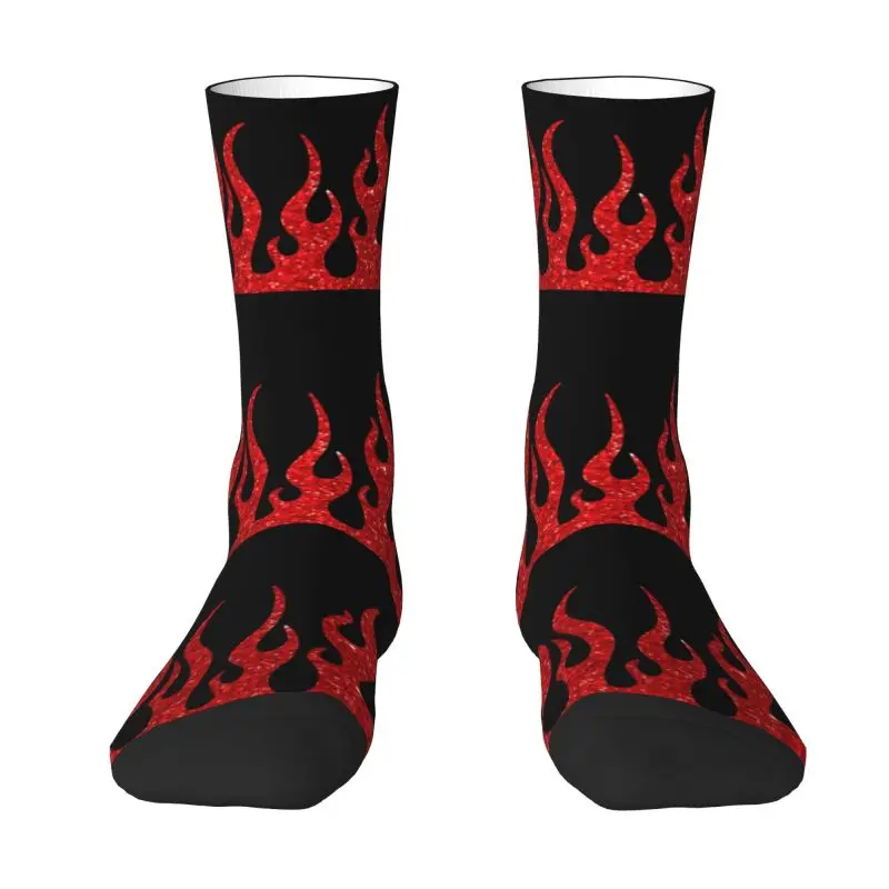 

Custom Printing Red Glitter Racing Flames Socks for Women Men Stretch Summer Autumn Winter Vintage Burning Fire Crew Socks