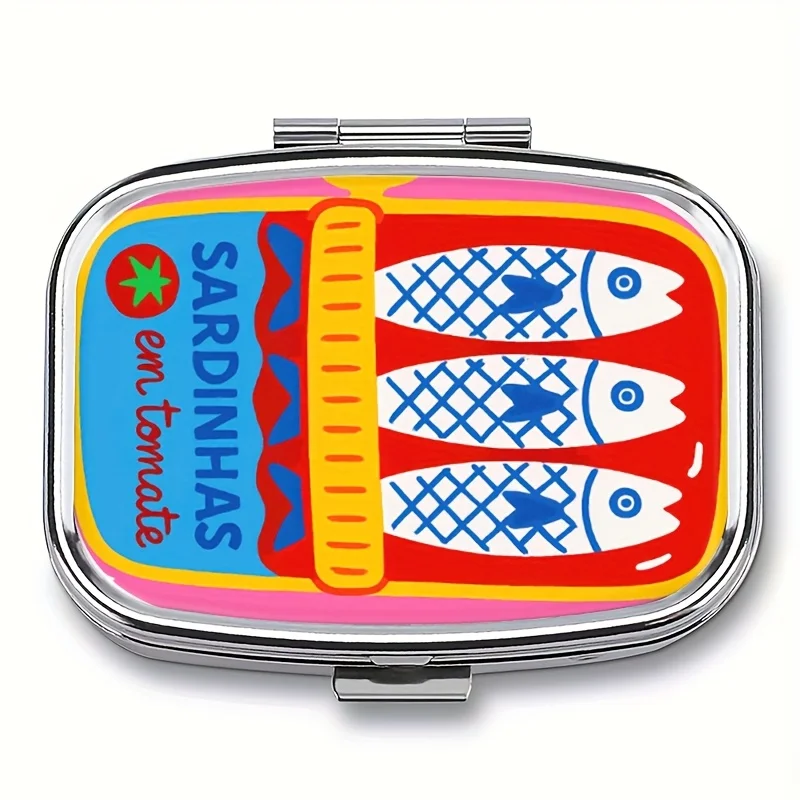 

Colorful Sardine Can "Sardinhas em Tomate" Print Metal Pill Box, Portable 2-Compartment Travel Pill Organizer for Vitamins & Pil