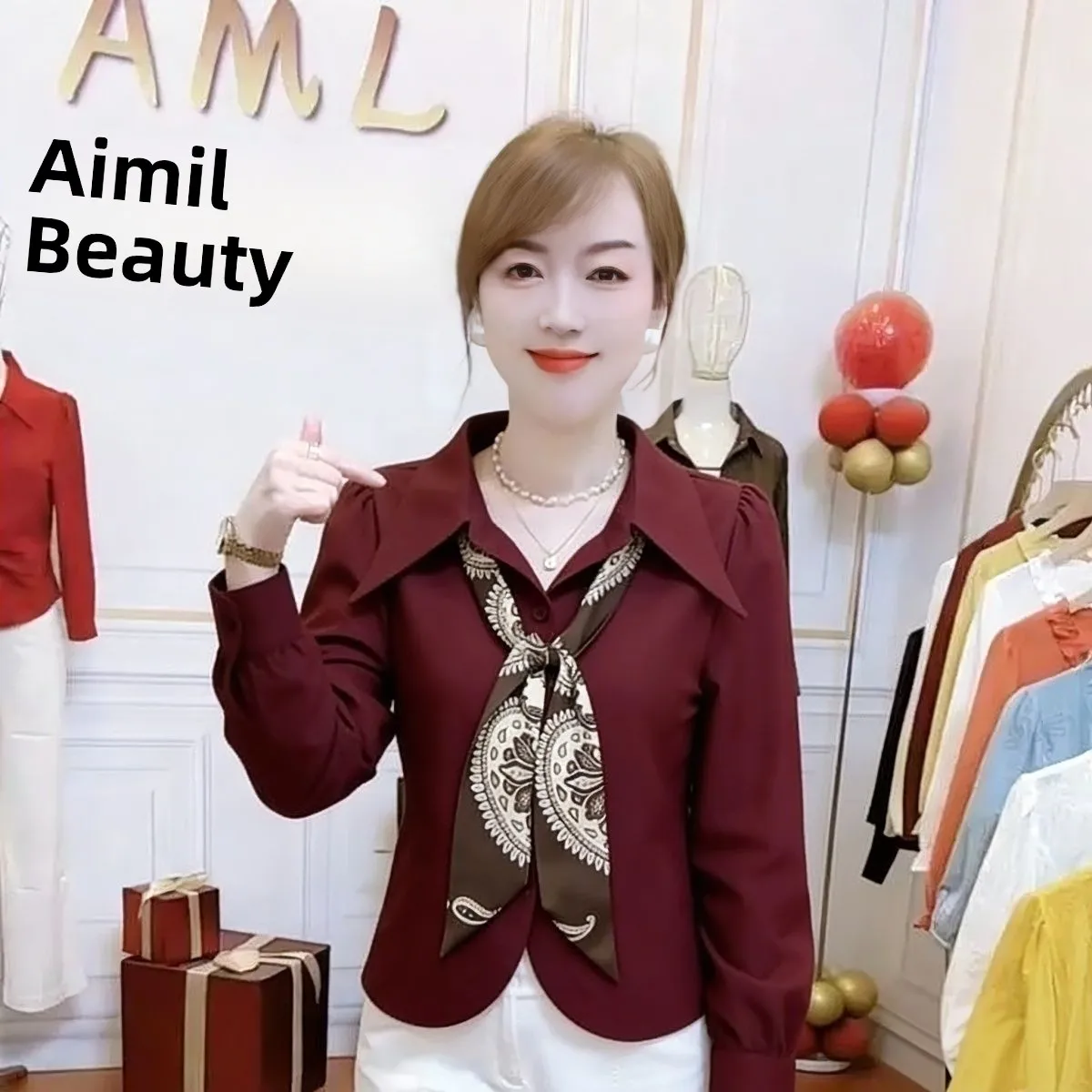 

Spring New Style Long Sleeve Shirt with Silk Scarf Casual Loose Fit Women's Top Polyester Fiber A-Line Outerwear for Daily Wear