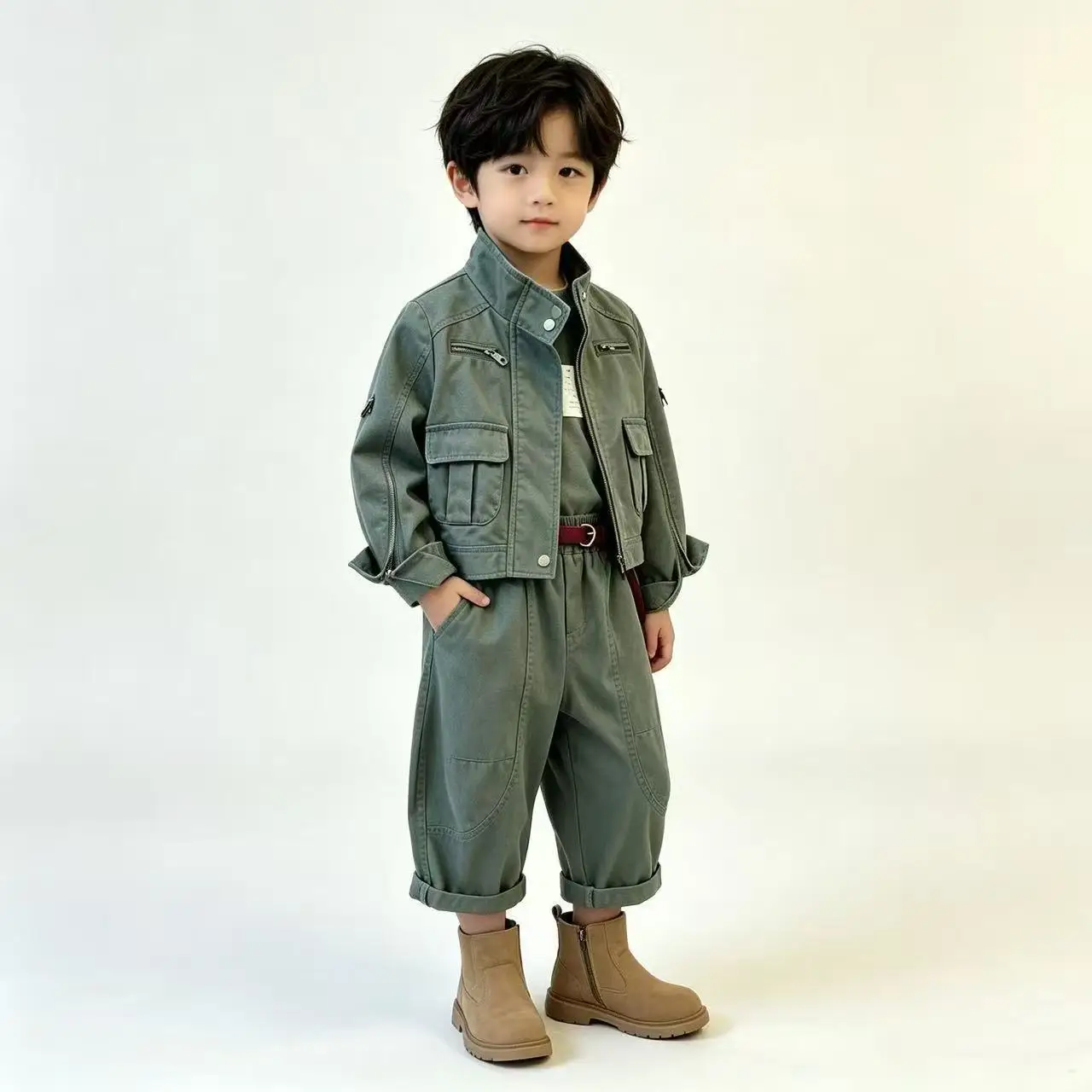 Korean Kids Fall Outfit Heavy Zipper Cargo Jacket + Loose Curved Pants Set Stylish Unisex Boys Girls Casual Autumn Suit 2-9Y