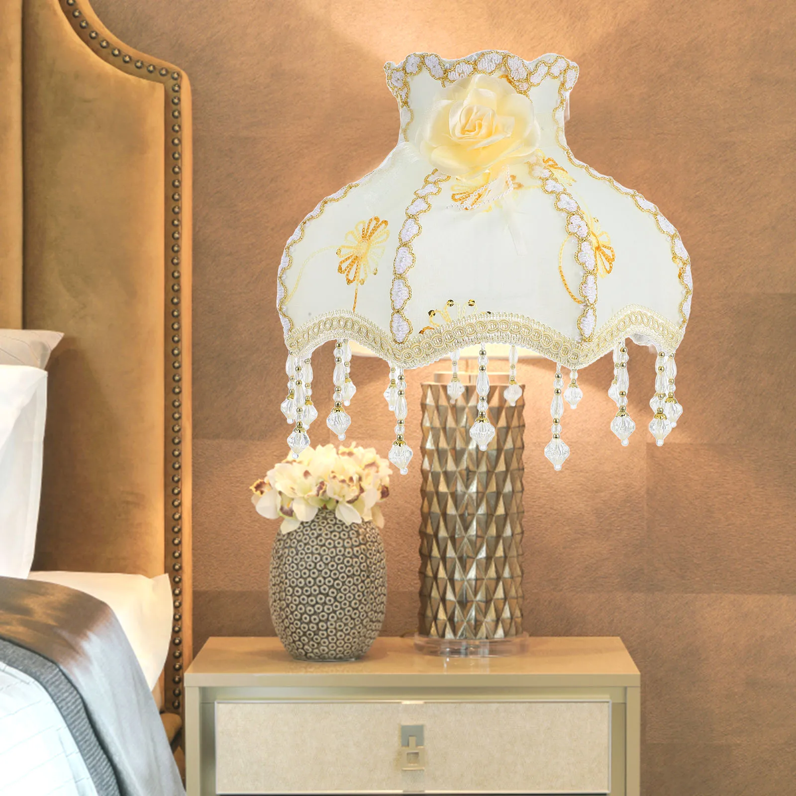 

Retro Lampshade European Style Soft Light Vintage Cover Iron Beaded Floor Lamp Shades Large Fabric Bedroom Living Room Study