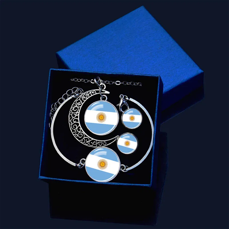 National Flag Jewelry Sets for Women Men South America Countries Flag Glass Cabochon Moon Pendant Necklace Earings Bracelet Gift