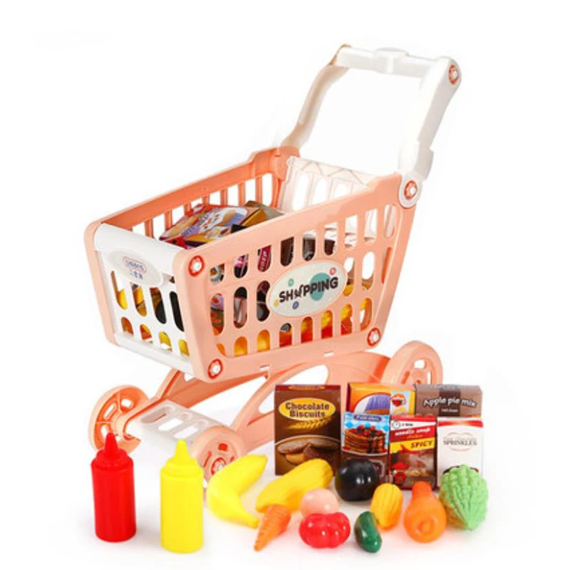 Kids Large Supermarket Shopping Cart Trolley Push Car Toys Basket Simulation Fruit Food Pretend Play House Girls Toy Gift