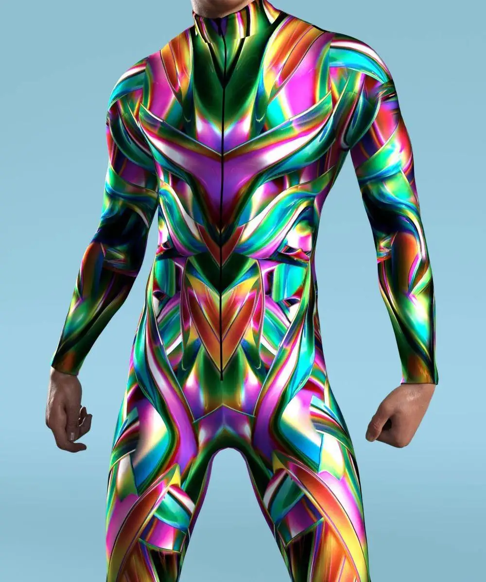 Herren Regenbogen-Party-Punk-Jumpsuit Onesie Halloween Cosplay Kostüm Elastischer Party-Performance-Bodysuit – Detail 6