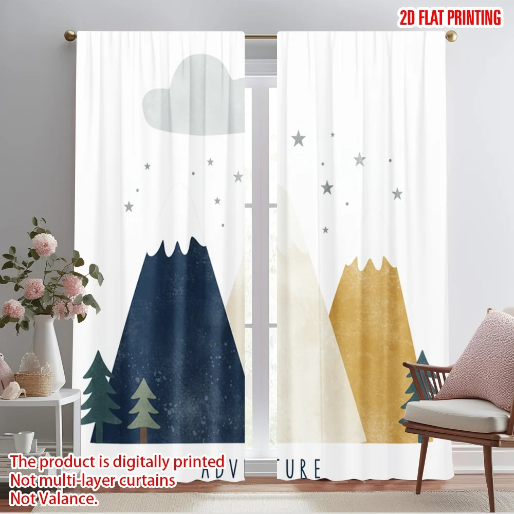 

2pcs 2D flat printing Window Drapes Mountain Adventure Trees Cloud Polyester Without Electricity Festive Wall Decor for Holiday