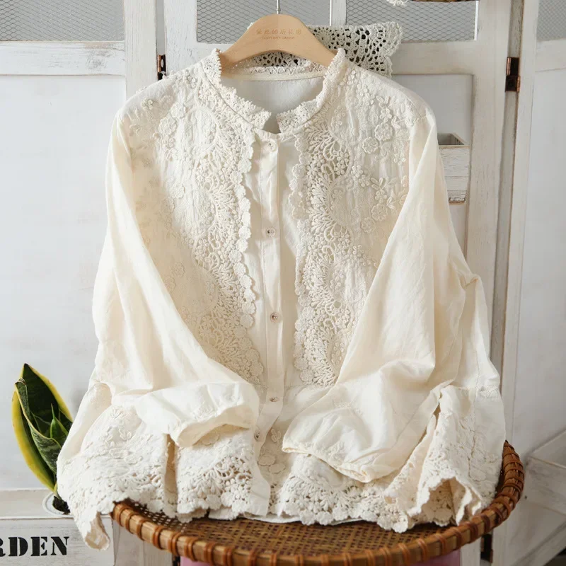 100% Cotton Linen Female Victorian Edwardian Rococo Luxury Floral Embroidery Lace Shirt Women Aesthetic Cottage Big Size Blouse