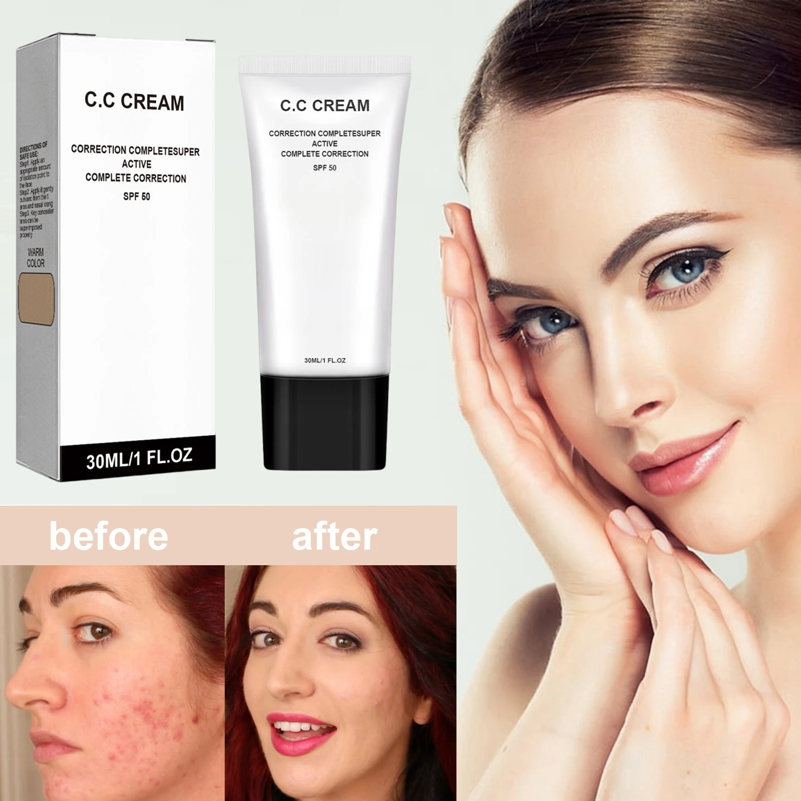 Crema CC con SPF 50 30ML, Crema Facial de Corrección Completa, Cobertura Natural, Ligera e Hidratante para Todos los Tonos de Piel