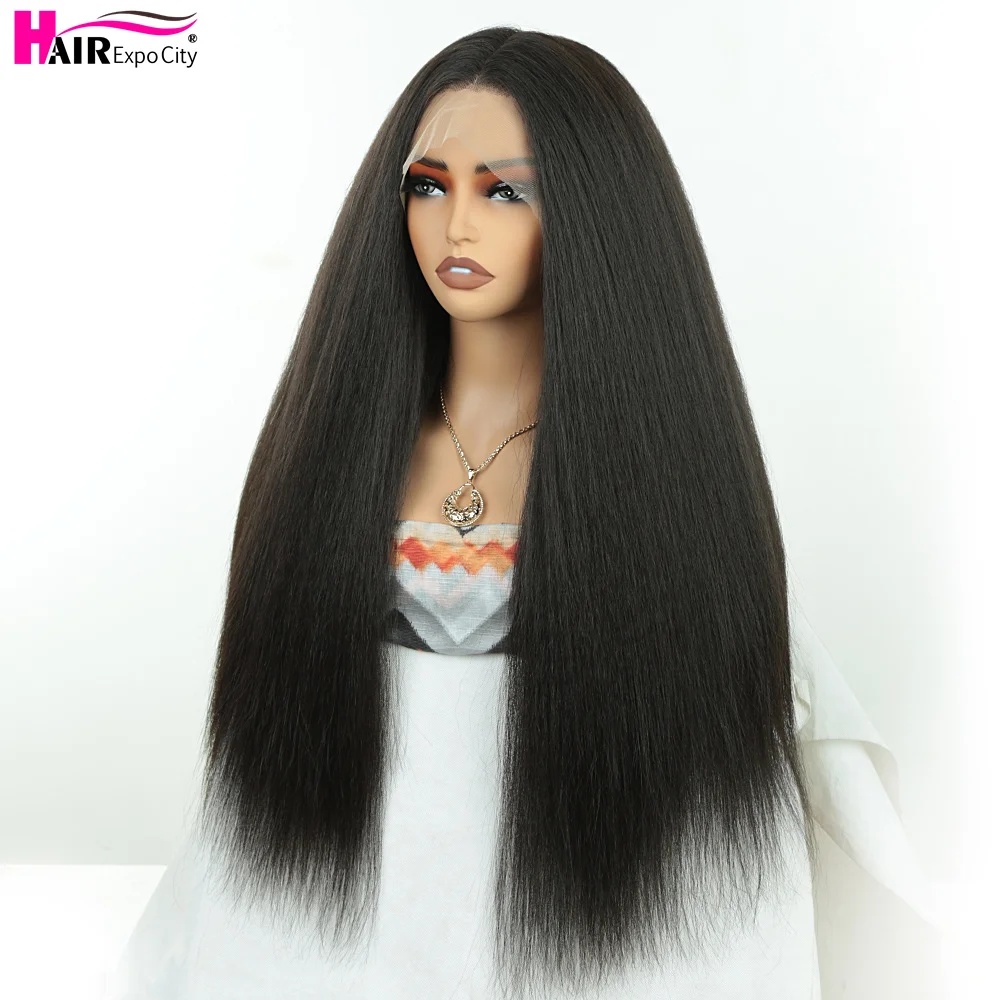 Yaki Straight Lace Front Perruques de cheveux synthétiques pour femmes noires, 30 po de long, Perruques en dentelle brune, Fibre de degré de chaleur, Perruque sans colle, 13x4