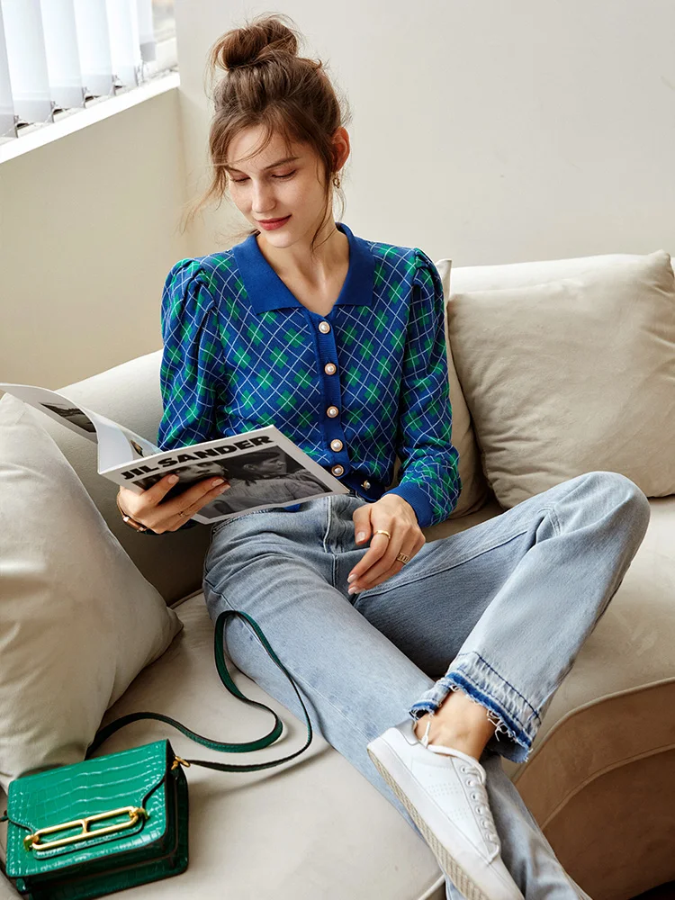 

OLrain Plaid Cardigan Sweater Women's Spring New 2025 Slim And Thin French Retro Outerwear Blue Top O21QM51181