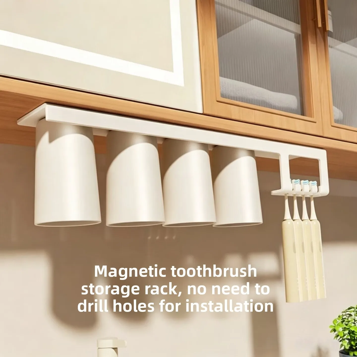 Magnetic Toothbrush Holder with 3 Rinse Cups, Cream White Under Cabinet No Drill Organizer with UV Light and Two in One Storage