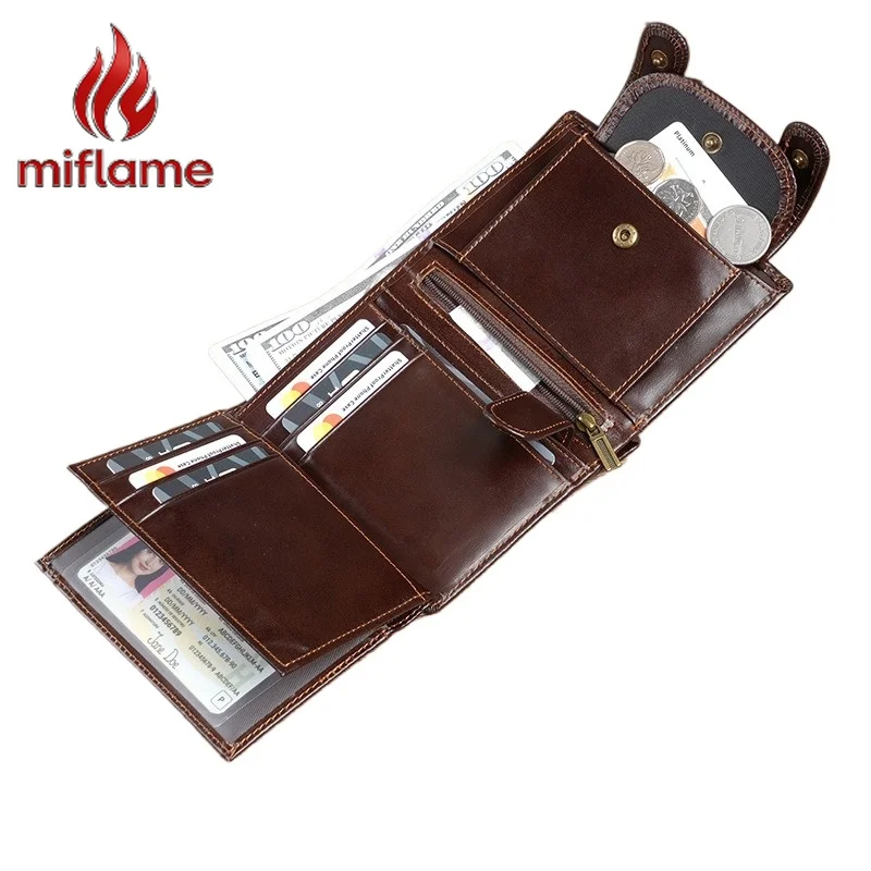 

Men's Crazy Horse Leather Trifold Wallet with Multiple Card Slots Key Holder Detachable Chain Coin Pocket Vintage Retro