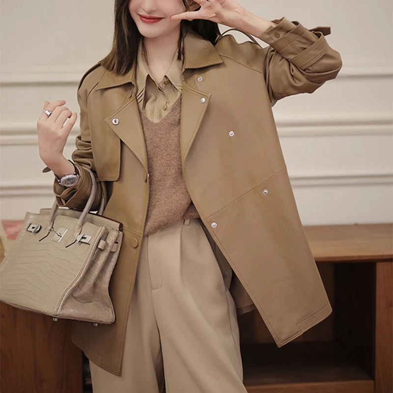 Genuine Leather Trench Coats Women Lapel Single-Breasted Belt Loose Slim Sheepskin Autumn New in External Clothes Jackets Female