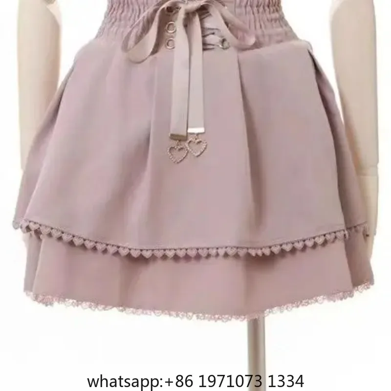 Japanese Mine Sweet Double Bow Leather Buckle Lace Slim High Waist Short Women Skirt Spring Lolita Sweet Cute Mini Skirts Shorts