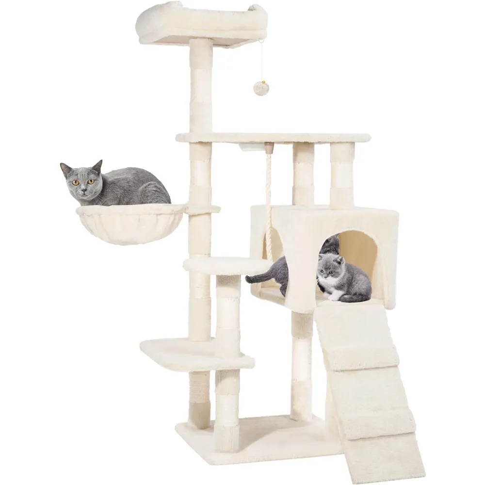 

Multi Level 51 inch Cat Tree Tower for Indoor Cat with Cat Condo, Scratching Sisal Posts,Hammock, Ladder and Feeding Bowl Beige