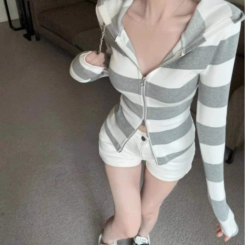 

Women Casual Striped Zip-up Hoodie Grey White Stylish Comfortable Hoodie Jacket Trendy Fashion Look Perfect Spring Summer Wear