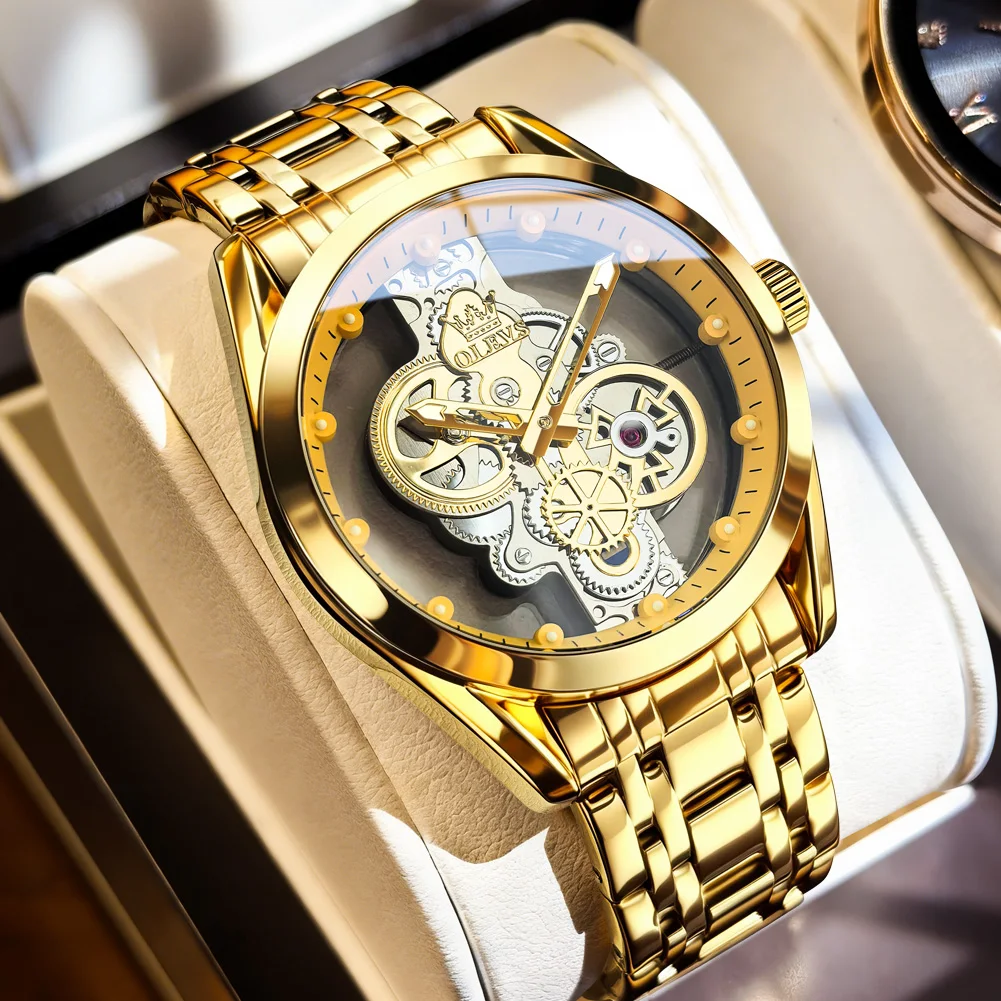 

Мужские часы OLEVS 3725 класса люкс, из нержавеющей стали, водонепроницаемые, с видимым циферблатом, золотистого цвета, высококачественные кварцевые часы для мужчин