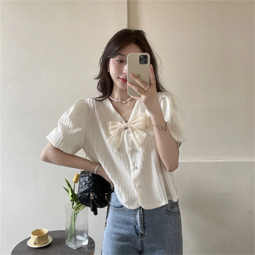 French Bubble Short Sleeve Knitted T-shirt for Women\'s Summer New Gentle Style Design Versatile Cardigan Short Top Instagram