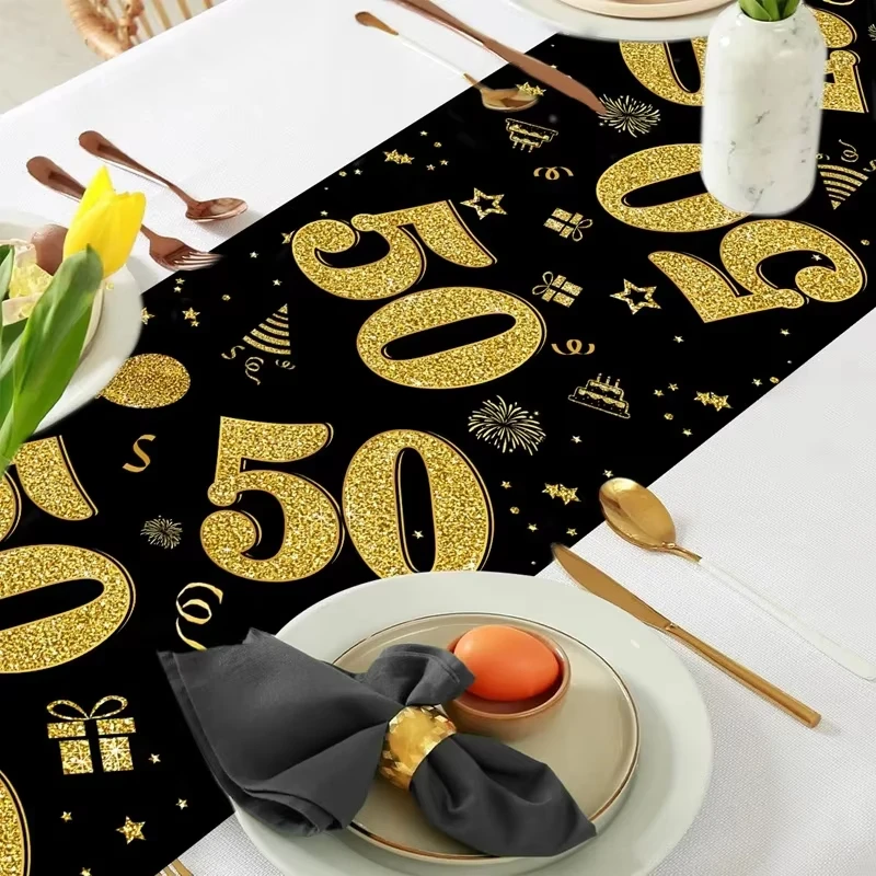 2D Flat 50 Year Old Black Gold Table Runner Happy Birthday Party Decoration Adult 30th 40th 50th 60t Birthday Tablecloth Banner