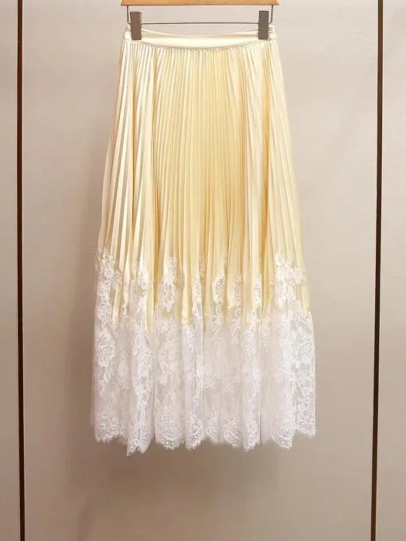 Spring Summer Yellow Embroidered Patchwork Pleated Skirt Women Mid Length Skirts New 3A41BD