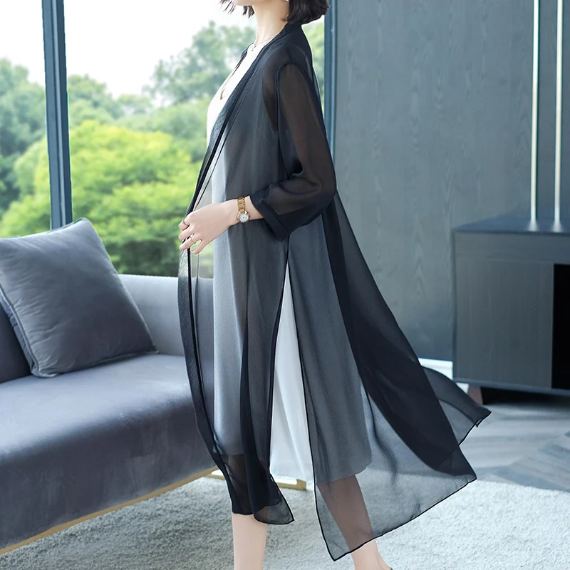 Blusa tipo cárdigan de gasa larga de verano para mujer, estilo kimono, camisa de oficina con protección solar, tops de playa, blusas de talla grande para mujer