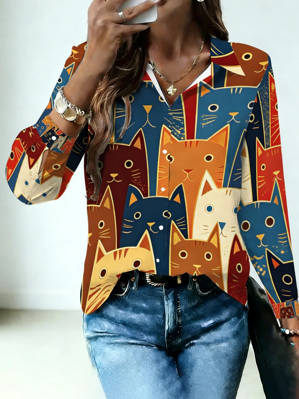 Artistic Block Color Kitty Womens Collared Shirt Retro Multi Warm Tone Geometric Cat Allover Print Long Sleeve Pet Lover Dating