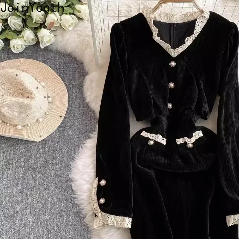 Black Fake Two Dresses Women V-Neck Slim Fit Robe Femme  2024 Vestidos De Mujer Patchwork Lace Elegant Vintage Corduroy Dress