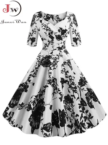 Vestido negro de media manga de verano para mujer, Vestidos de fiesta Vintage con estampado Floral, bata informal Retro acampanada