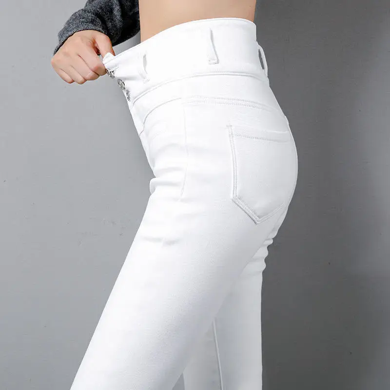 Frühling Herbst 5xl Mode Jeans hohe Taille Tasche schlank große Größe Bleistift Hosen lässig Frauen Knopf Reiß verschluss feste gerade Hose