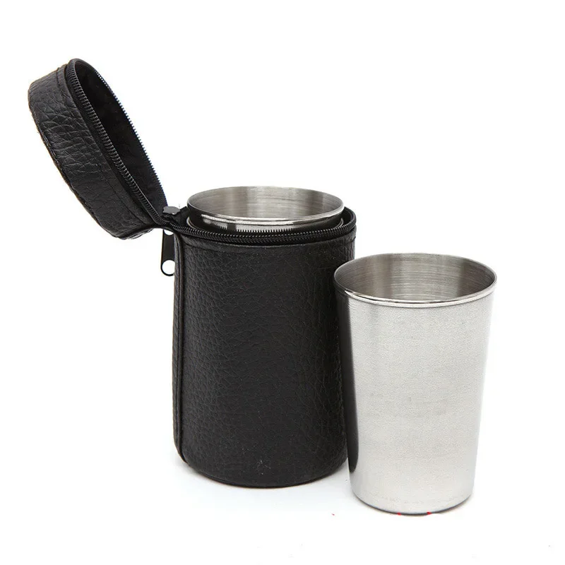 Portable Stainless Steel Cups, Mini Glasses, Leather Sheath, Liquor, Alcohol, Whisky, Vodka Mug, Outdoor Shots Set, 30ml, 4Pcs