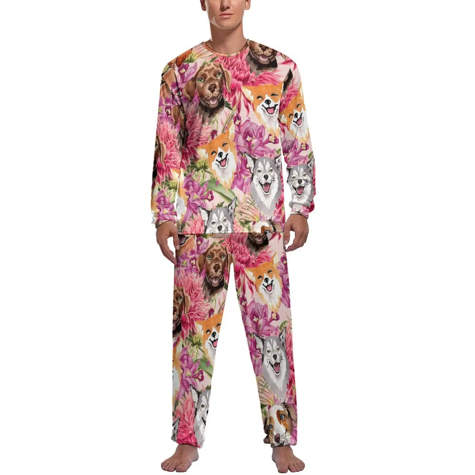 Happy Dog Print Pajamas Flowers Print Male Long-Sleeve Retro Pajama Sets Two Piece Aesthetic Autumn Sleepwear Birthday Gift