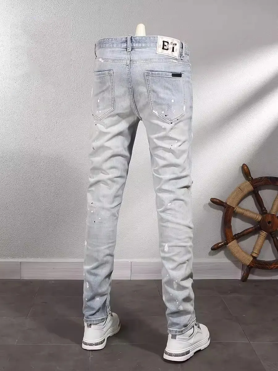Street Fashion Men Jeans Retro Light Blue Elastic Stretch Skinny Ripped Jeans Men Painted Designer Vintage Denim Pants Hombre