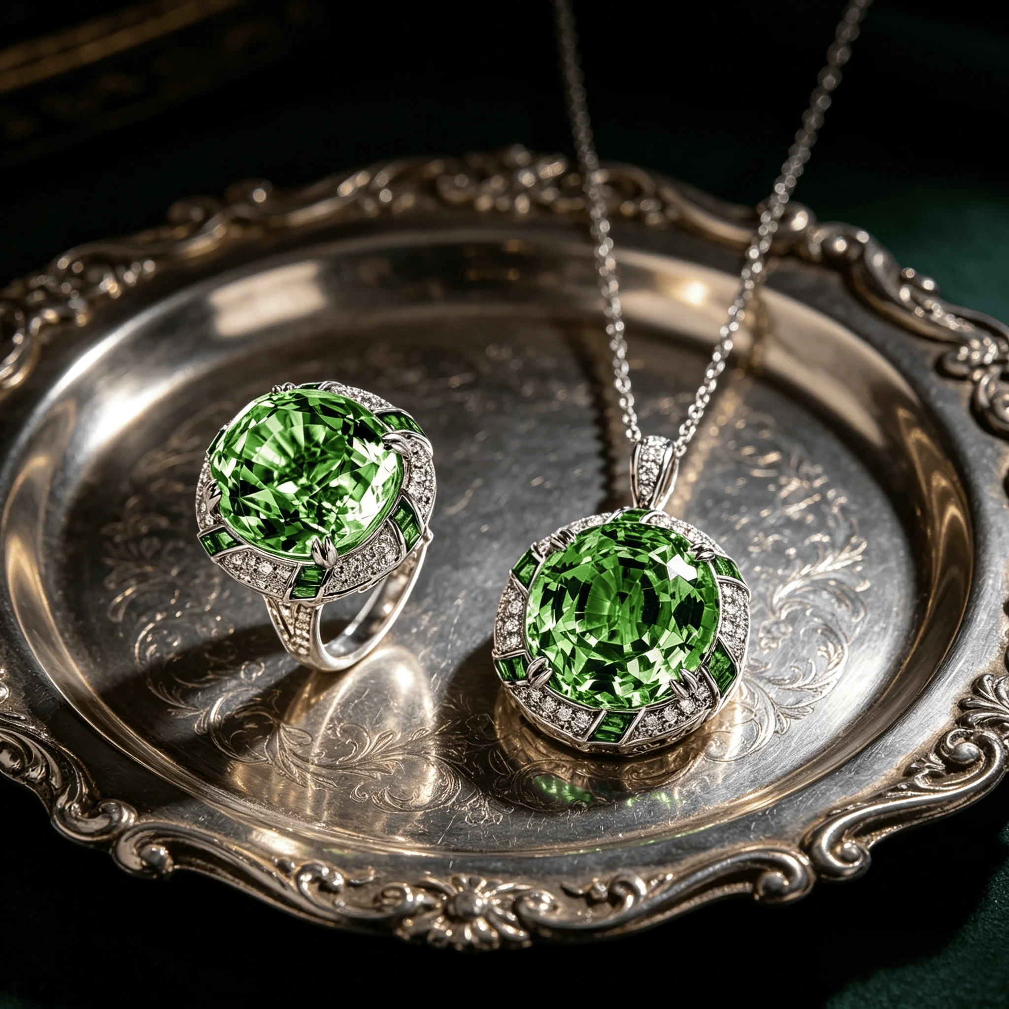 925 Sterling Silver Luxury Domineering Open Ring, Heavy Craft Peridot Pendant Colored Gem Jewelry Set