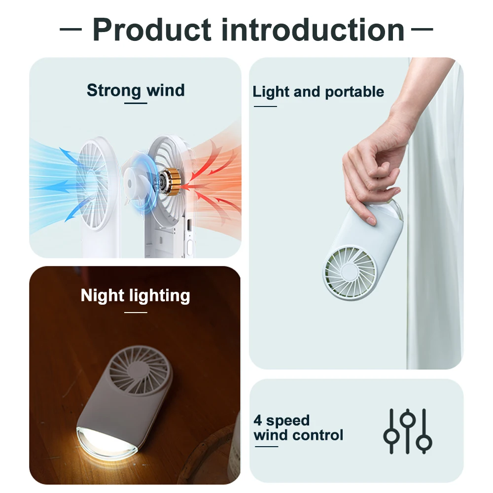 Imagem -06 - Portátil Night Light Pocket Handheld Fan Mini Iluminação Led Usb Recarregável Ultra Silencioso Display Stand Esportes ao ar Livre Viagem