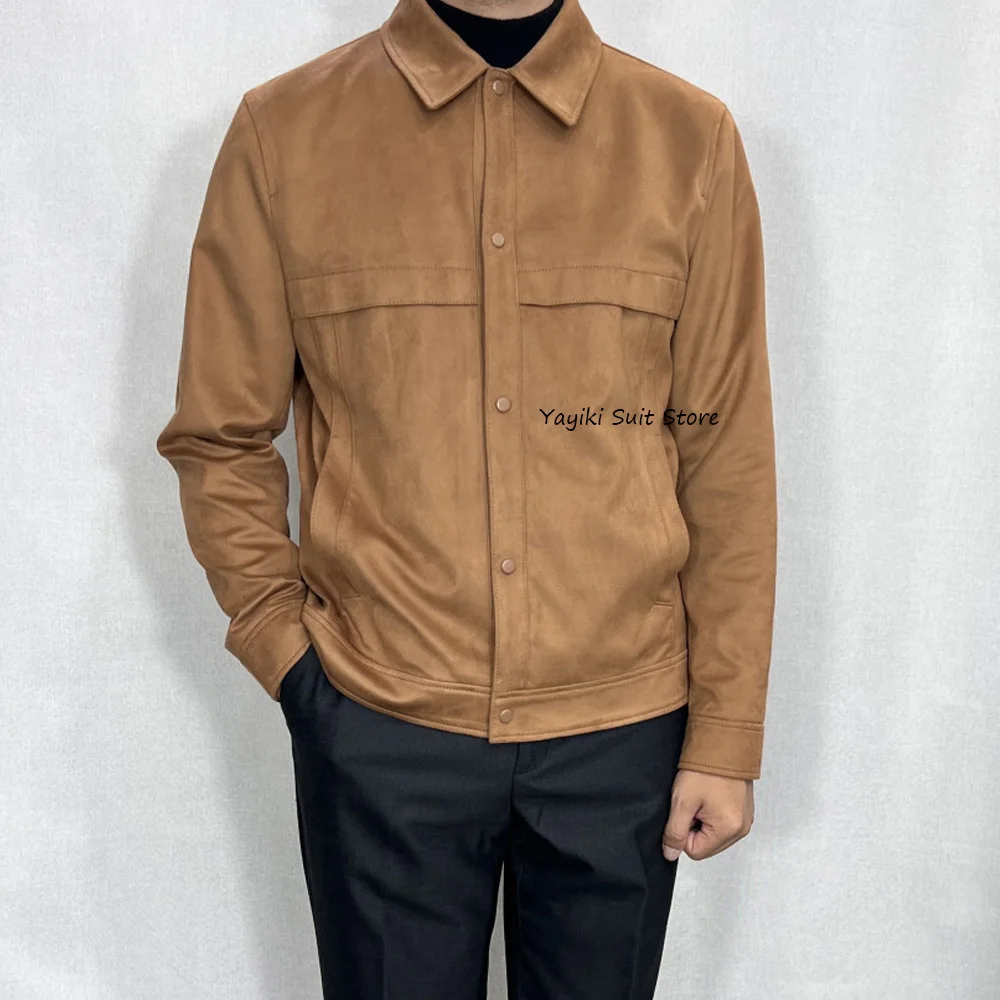 

Casual Urban Blazers Stylish Made of Faux Leather Men's Social Coat Single-breasted Design Man Jackets High Quality With a Lapel