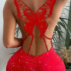Woman spicy glitter butterfly standard burst burst bodycon dress, sexy lean party dresses, night out, spaghetti strap, fashion 10 Main Sales Butterfly Dress - №2