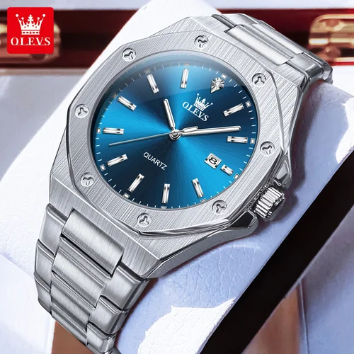 Relojes OLEVS para Hombre, Reloj de cuarzo clásico azul plateado de lujo para Hombre, Reloj luminoso de acero inoxidable resistente al agua para Hombre 2025