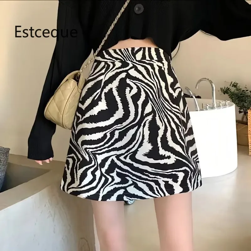 2025 Korean Zebra Print Midi Skirt Women Autumn New Female A-line High Waist Loose Skirts Vintage Mini Skirt