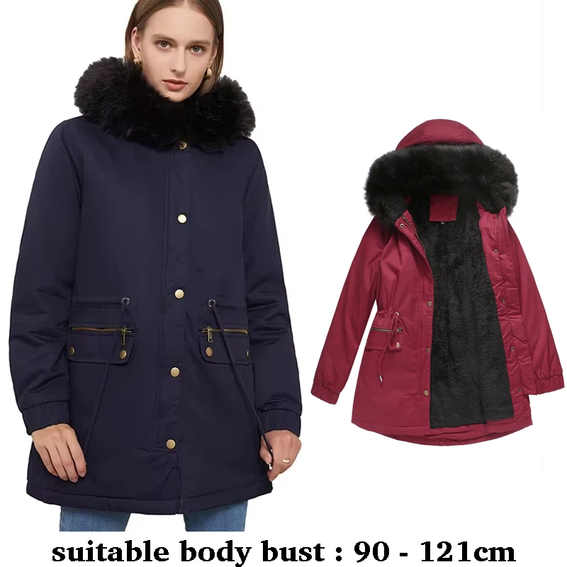 

Высококачественный плащ с капюшоном из искусственного меха для женщин, большой размер, плюшевая подкладка, новая зимняя повседневная одежда 2025 года - черный, синий, серый