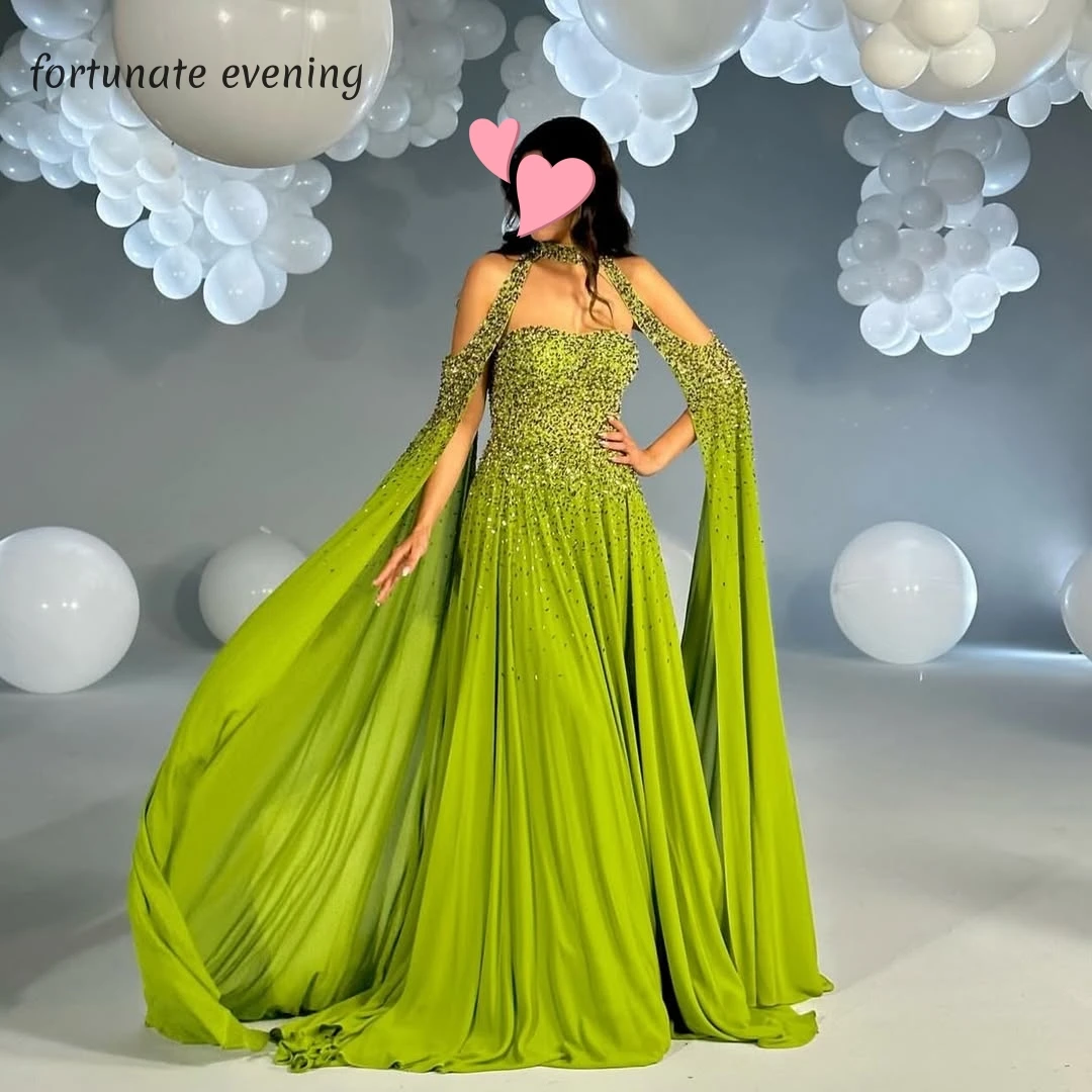 

Fortunate Evening Elegant Vintage Sweet Green Beads Chiffon New A-Line Customized Formal Occasion Prom Dress Evening Party Gowns