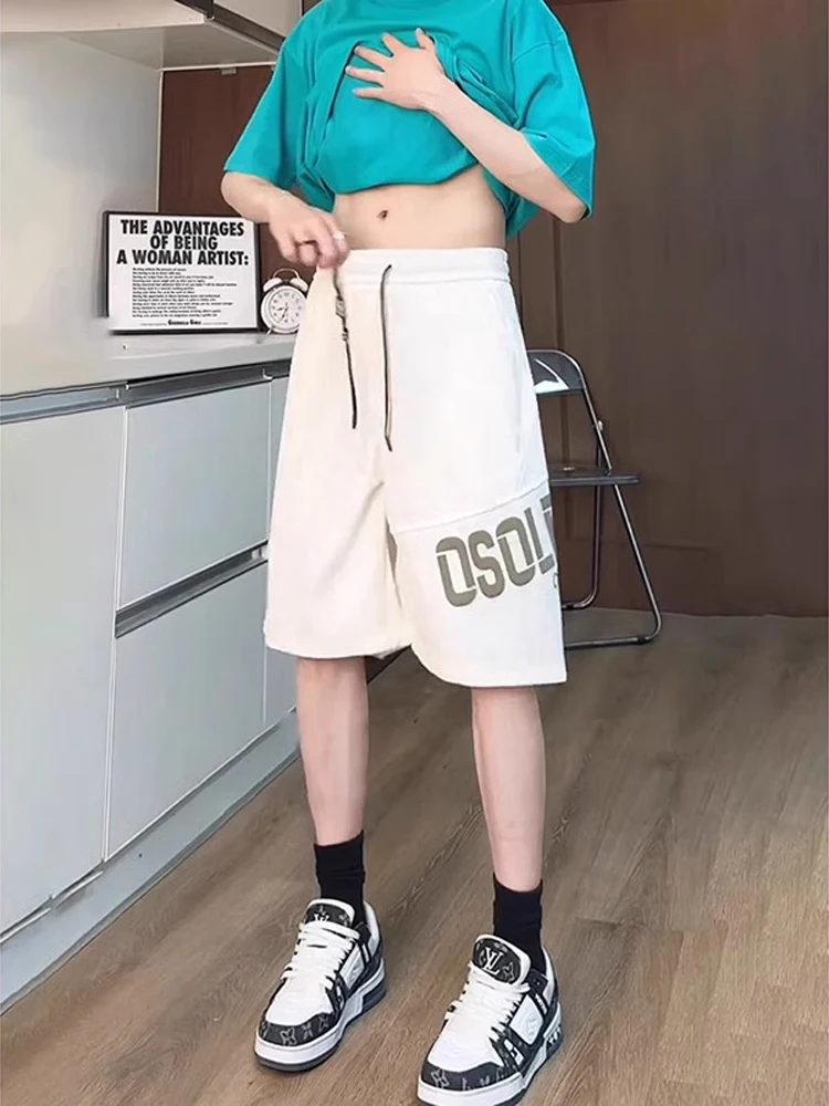 

American High Street Thin Casual Shorts Men's Summer Print Design Loose Drawstring Straight Leg Sport Six-Part Pants