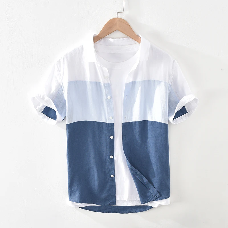 Pure Linen Short Sleeve Shirts for Men Summer New Japanese Fashion Striped Patchwork Tops Male Casual Button Up Designer Shirts