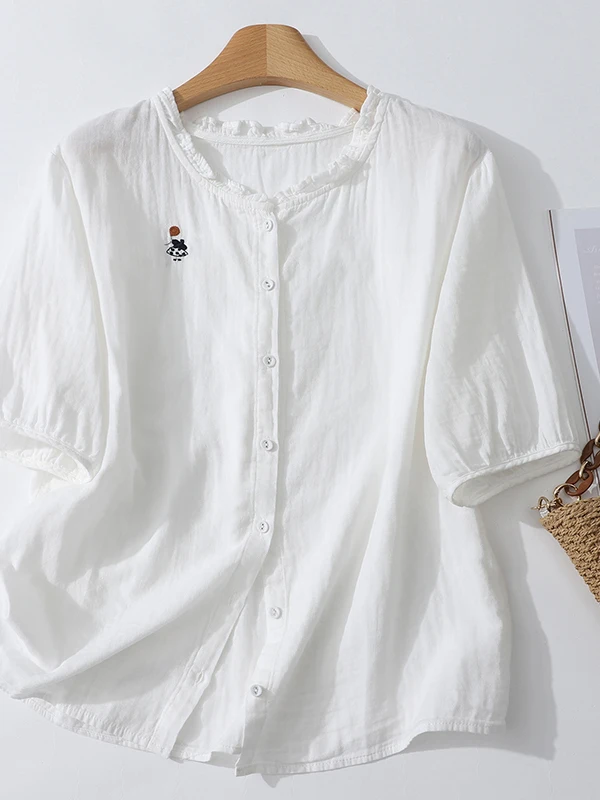 

Elegant Slim Fit Cotton T-Shirt Double Gauze Chinese Style Short Sleeve round Neck Top Versatile Summer Fashion Women's Shirt