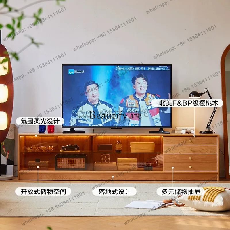 FGFGNordic cherry wood TV cabinet small apartment storage simple rock slab solid wood floor TV cabinet
