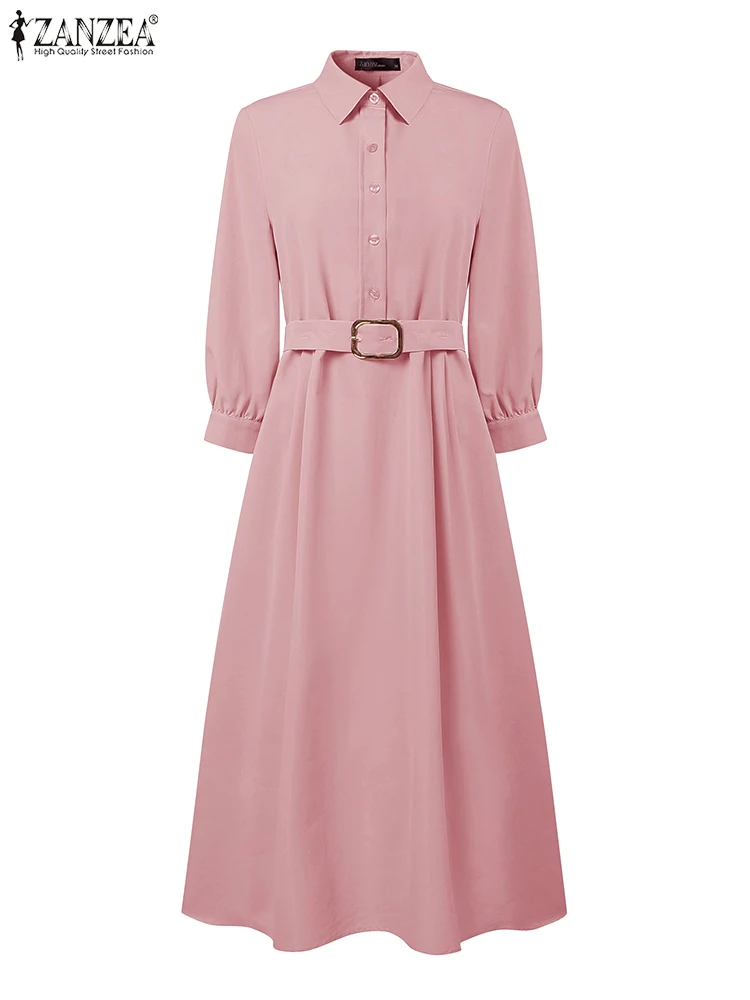 2025 ZANZEA Women Autumn OL Work Dresses Elegant Lapel Long Sleeve Shirt Dress Solid Belted Robe Officewear Sundress Vestidos