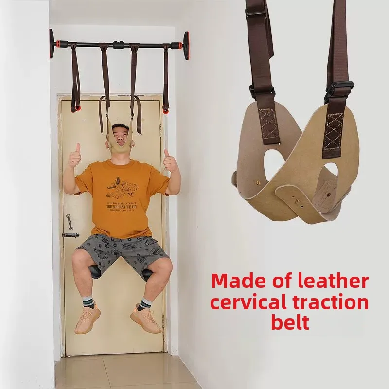 Cinturón de tracción Cervical, suspensión de cuero, marco elástico para fortalecimiento del cuello, corrección para el hogar y al aire libre, eslinga ajustable para articulación del cuello